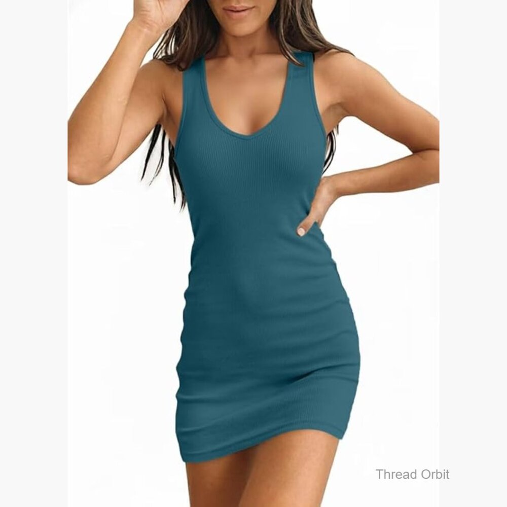V-Neck Bodycon Mini Dress, Sleeveless Ribbed Knit, Slim Fit Summer Casual